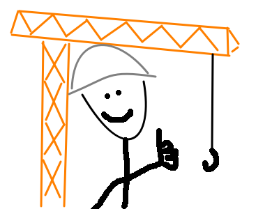 Simple drawing of a crane with a person in front of it in a hard hat, giving a thumbs-up
